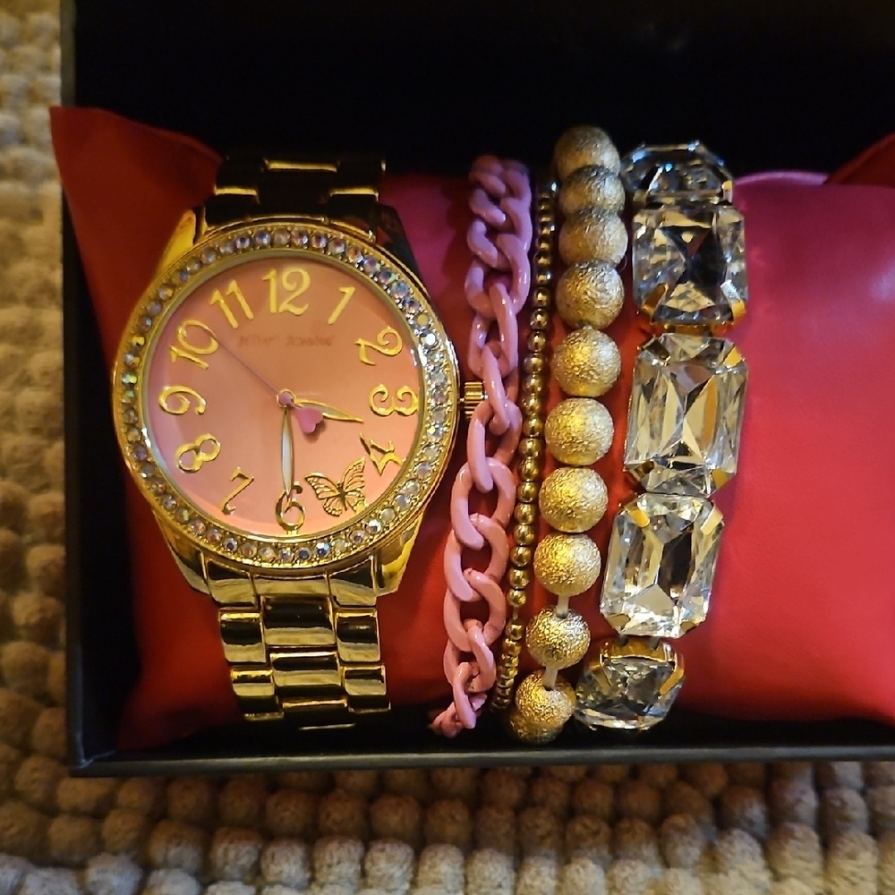 Betsey Johnson Gold and Pink Watch with Bracelet Set - Picture 2 of 3